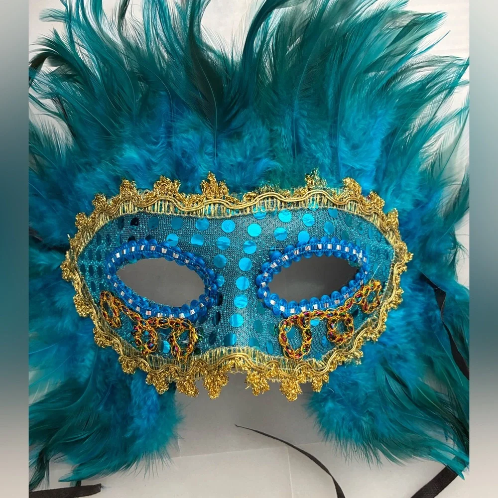 Teal and Gold Feathered Masquerade Mask